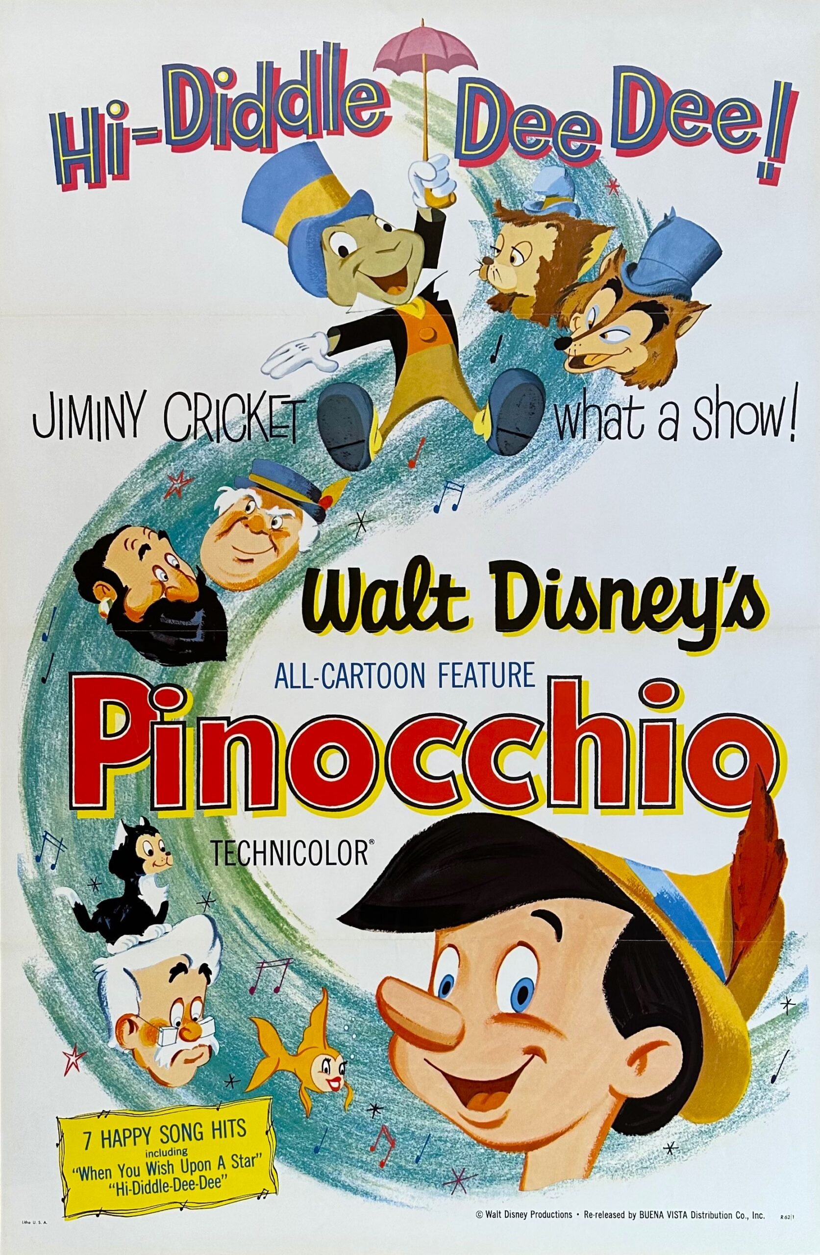 Vintage original US cinema movie poster for Disney's Pinocchio
