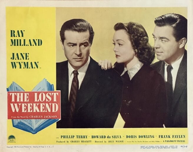 Original cinema vintage lobby card movie poster for The Lost Weekend, directed by Billy Wilder
