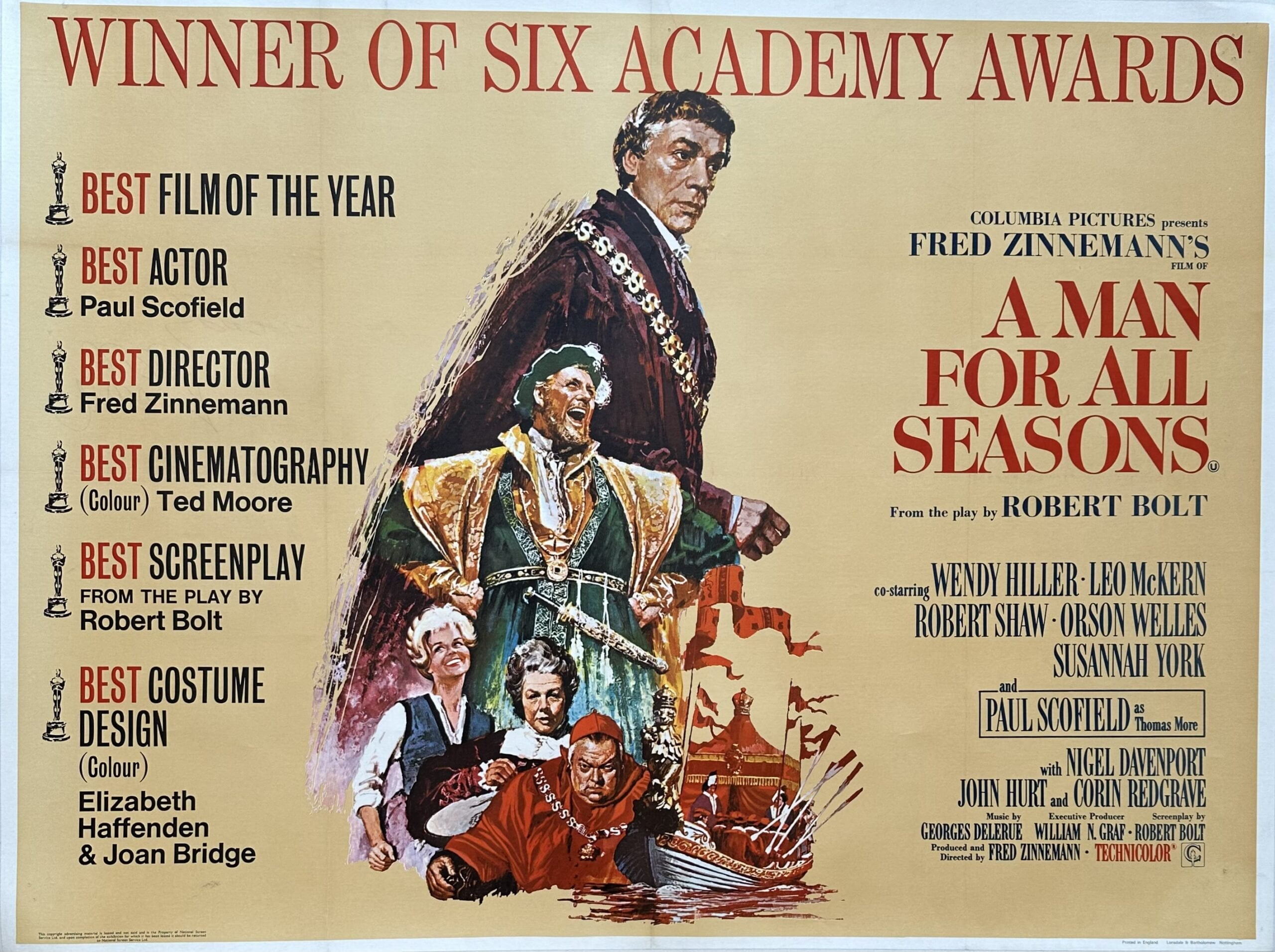Original vintage cinema movie poster for sale for the multi-Oscar winning A Man for All Seasons
