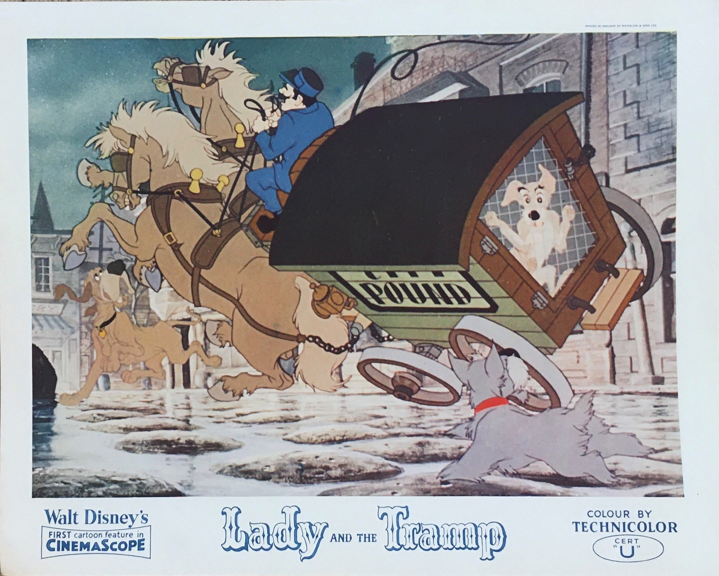 Original vintage UK cinema front of house lobby card movie poster for Disney classic, Lady and the Tramp