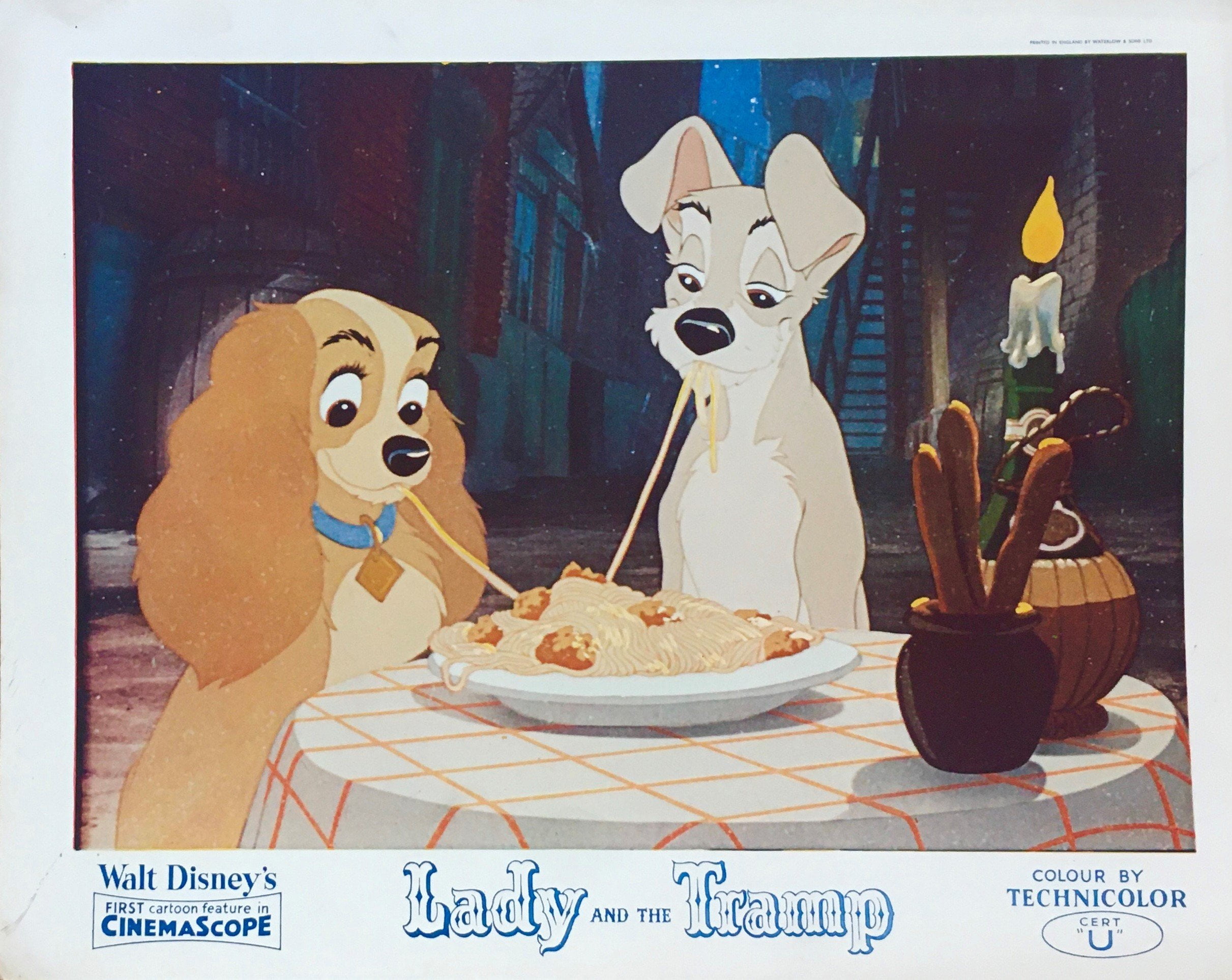 Original vintage UK cinema front of house lobby card movie poster for Disney classic, Lady and the Tramp