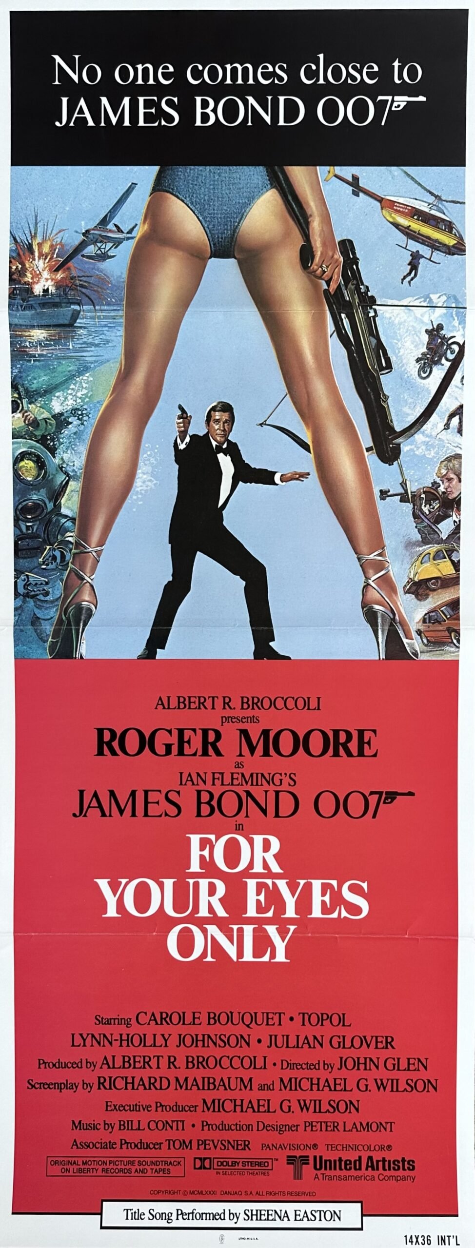 Vintage original US Insert film poster for Roger Moore as James Bond in For Your Eyes Only.
