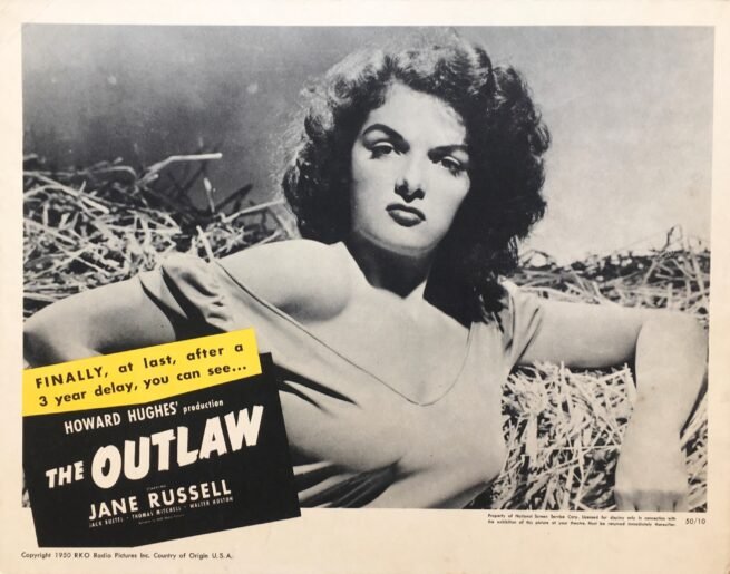 Original vintage cinema lobby card for Howard Hughes movie, The Outlaw