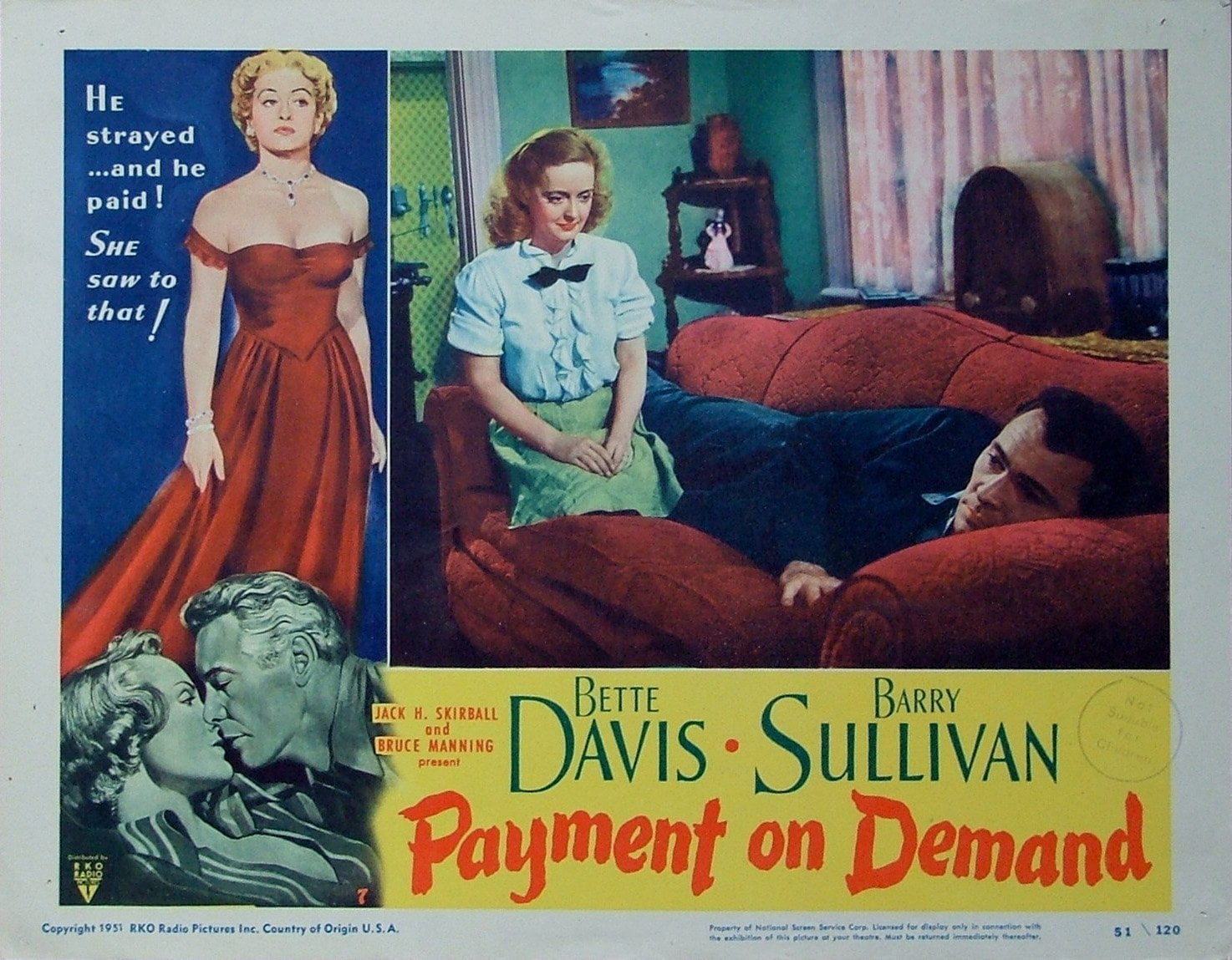 Vintage original US cinema lobby card poster for Payment on Demand starring Bette Davis