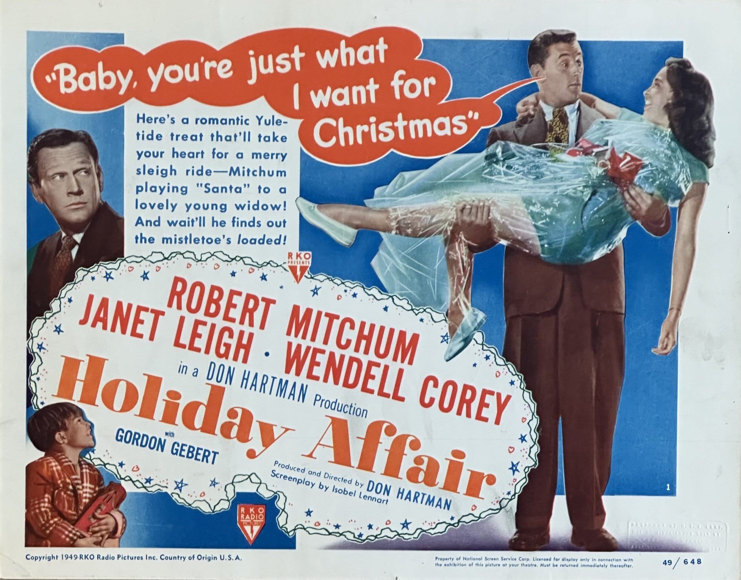 original vintage cinema lobby card movie poster for Robert Mitchum film, Holiday affair