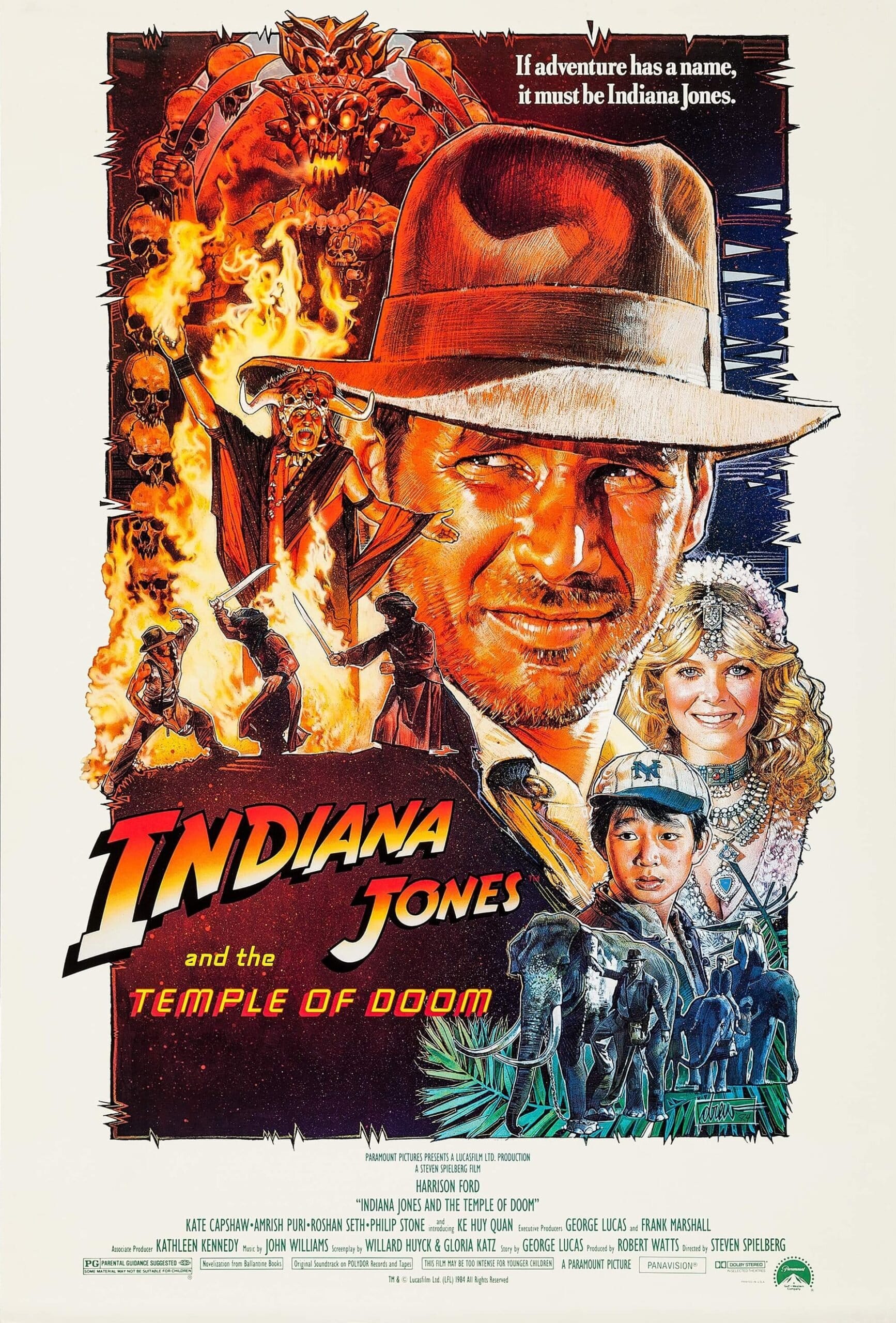 Vintage original US cinema movie poster for Harrison Ford film Indiana Jones and the Temple of Doom.