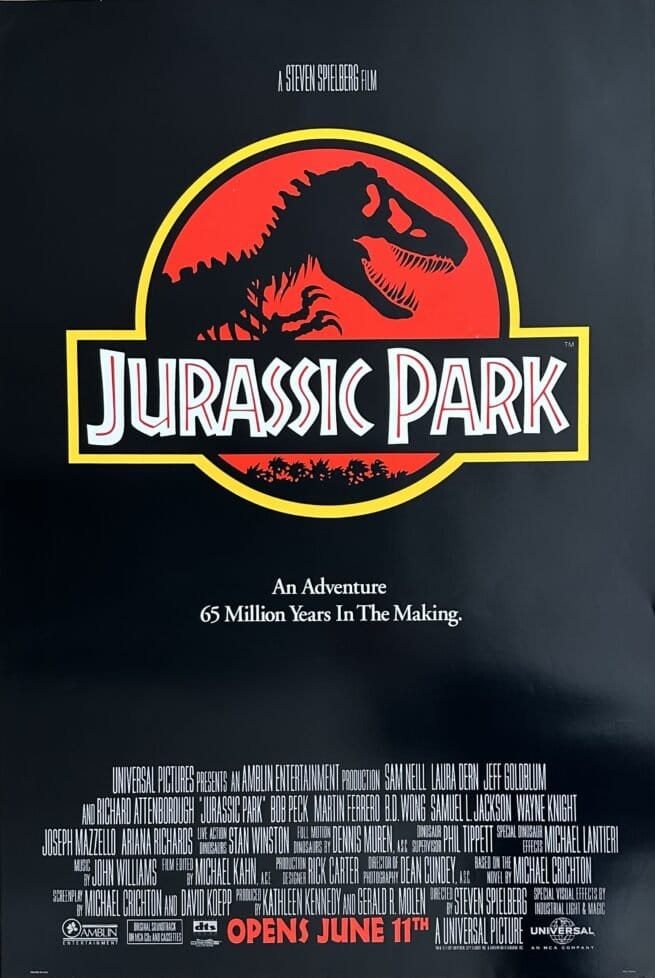 Original vintage cinema movie poster for Spielberg's dinosaur classic, Jurassic Park