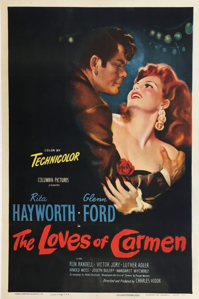 Original vintage cinema movie poster for Rita Hayworth and Glenn Ford in The Loves of Carmen