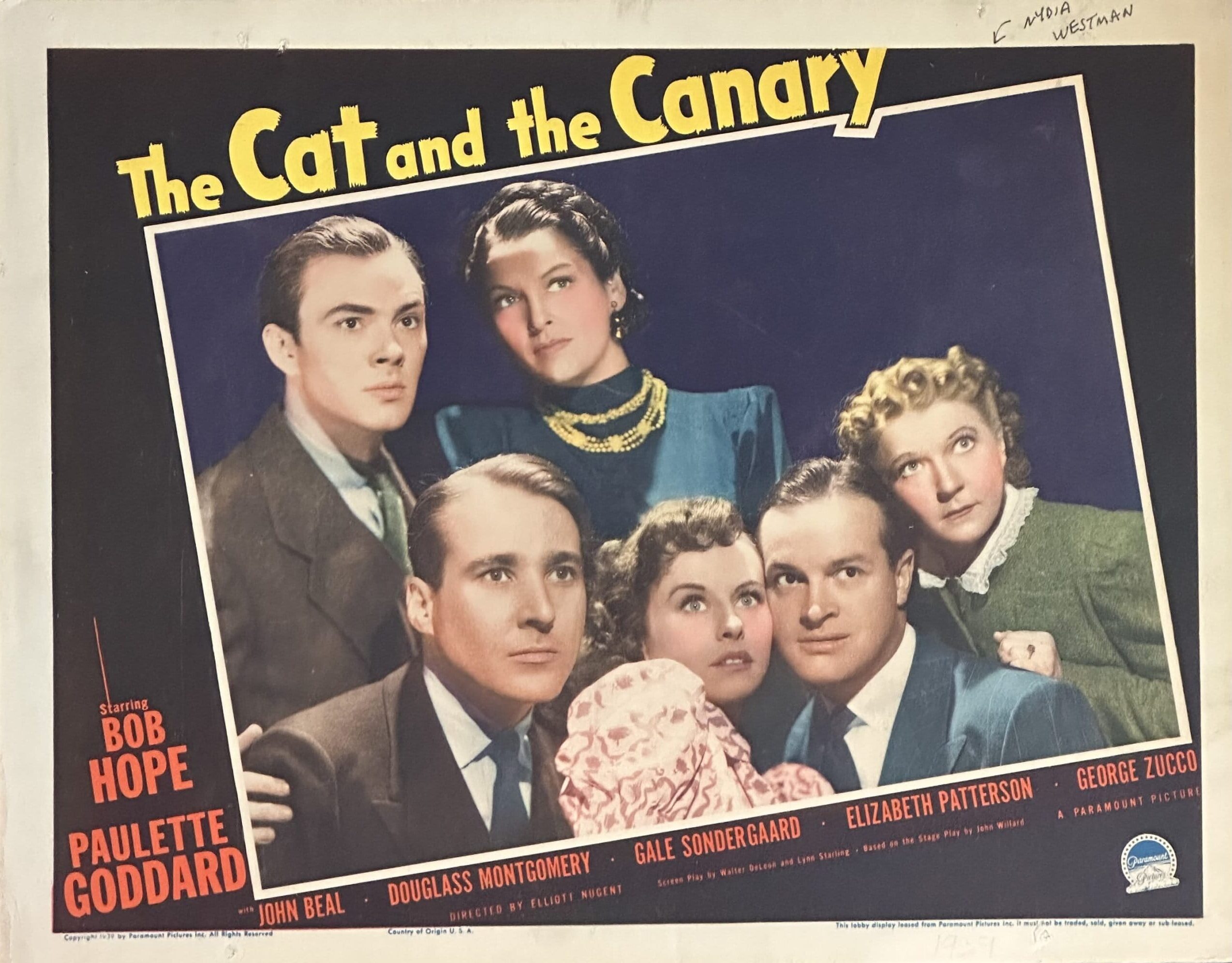 Original vintage cinema lobby card movie poster for the horror comedy, The Cat and the Canary, starring Bob Hope and Paulette Goddard