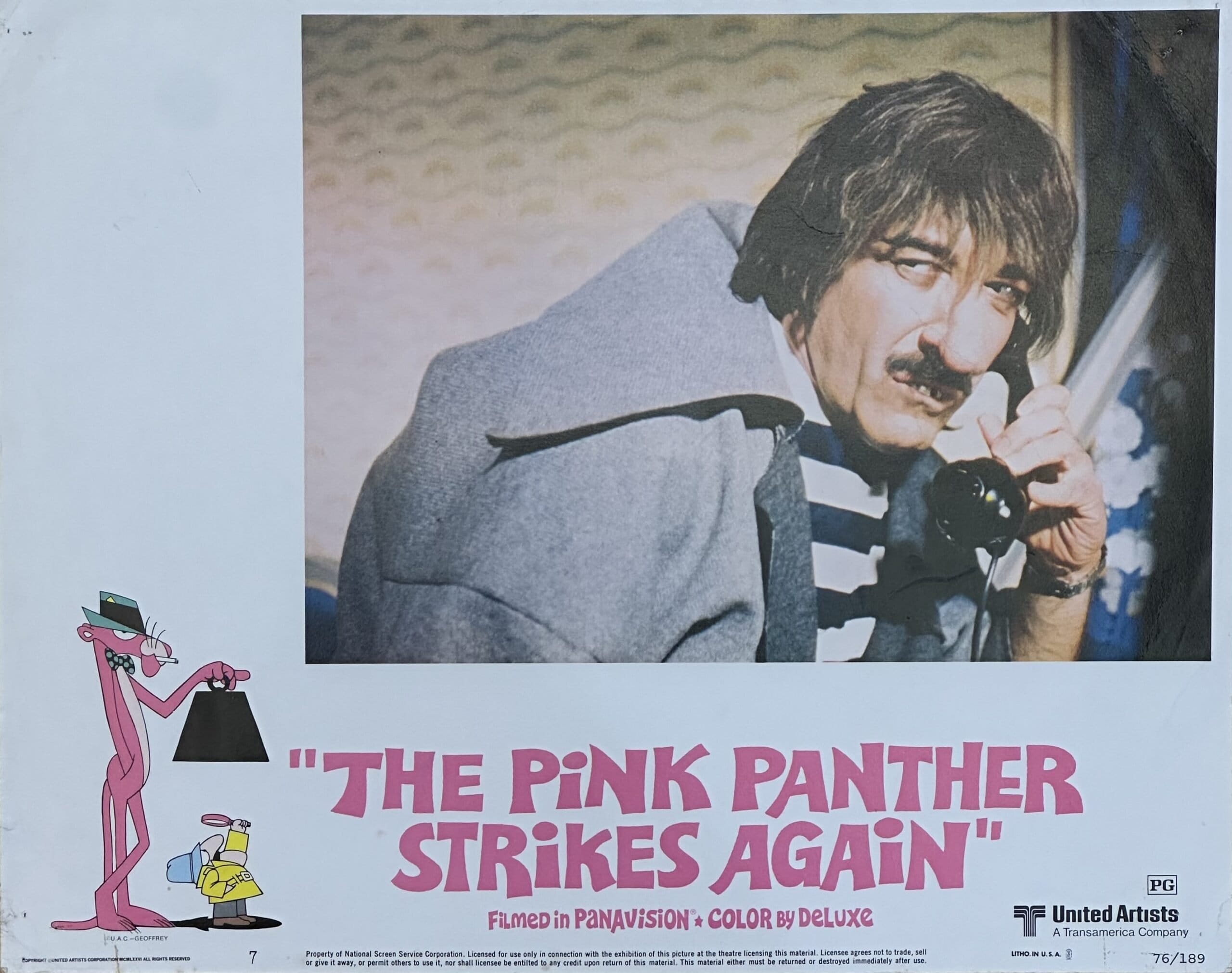 Original cinema lobby card movie poster for the comedy, The Pink Panther Strikes Again