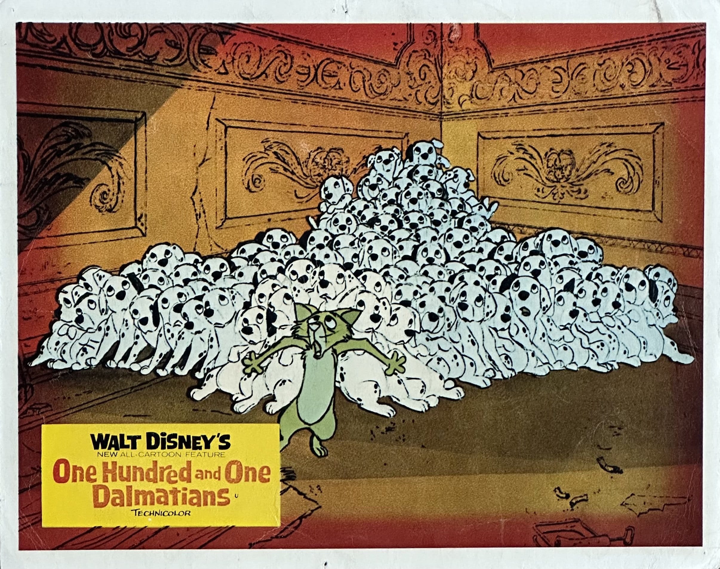 Original vintage UK cinema Front of House Card for Walt Disney classic cartoon film One Hundred and One Dalmatians.