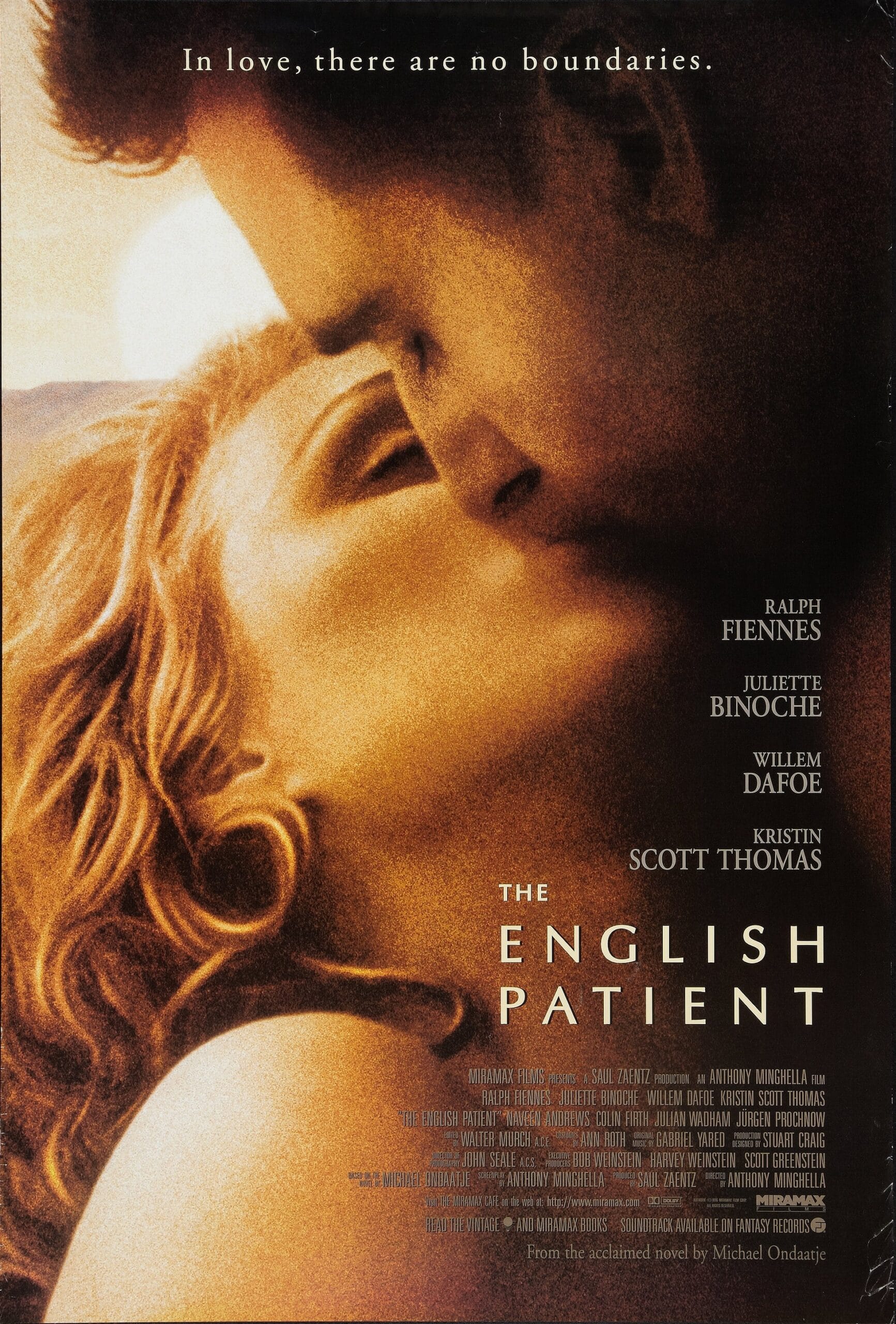 Original vintage US cinema movie poster for The English Patient, starring Ralph Fiennes and Juliette Binoche.