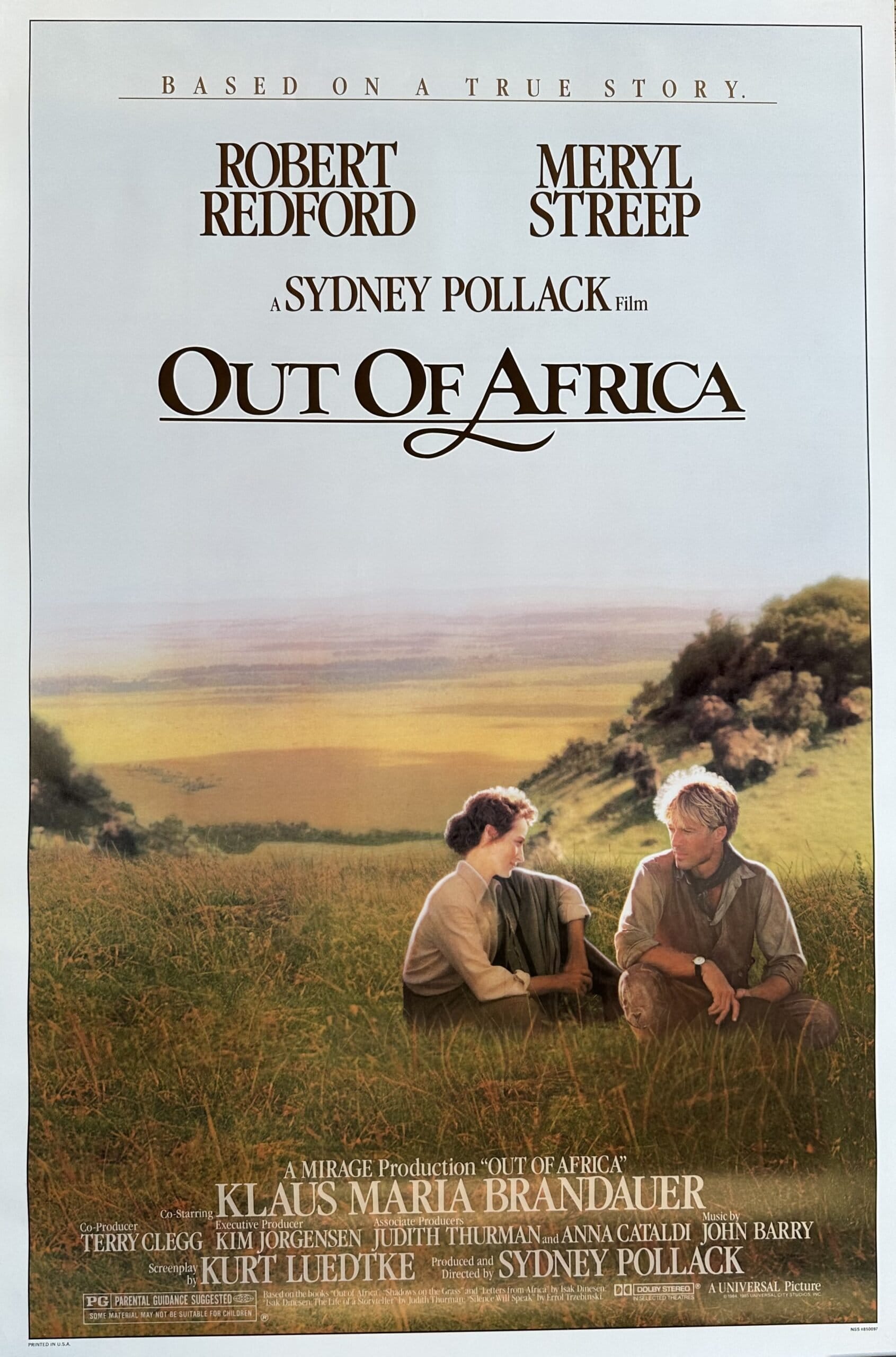 Original vintage US cinema one sheet poster for Robert Redford and Meryl Streep in 1985 movie Out of Africa.