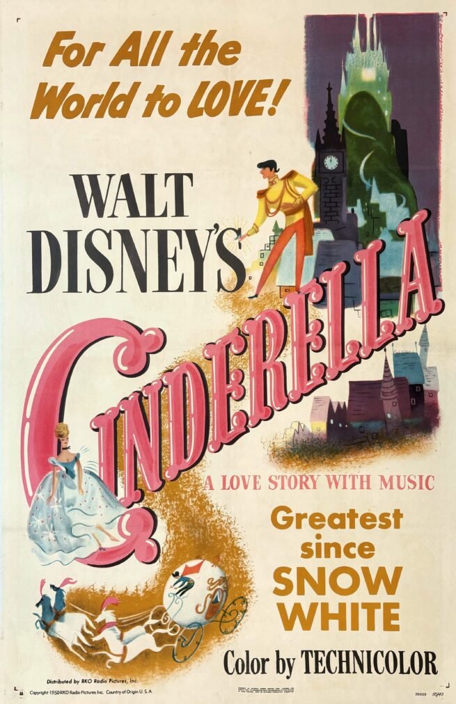 Original vintage cinema movie poster for the Disney classic, Cinderella