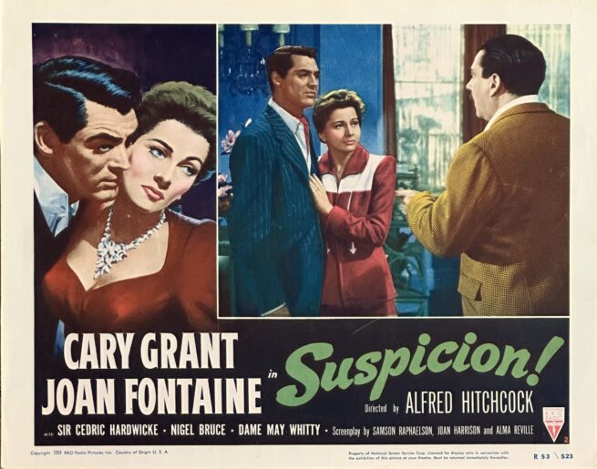 Original vintage cinema lobby card movie poster for Hitchcock thriller, Suspicion