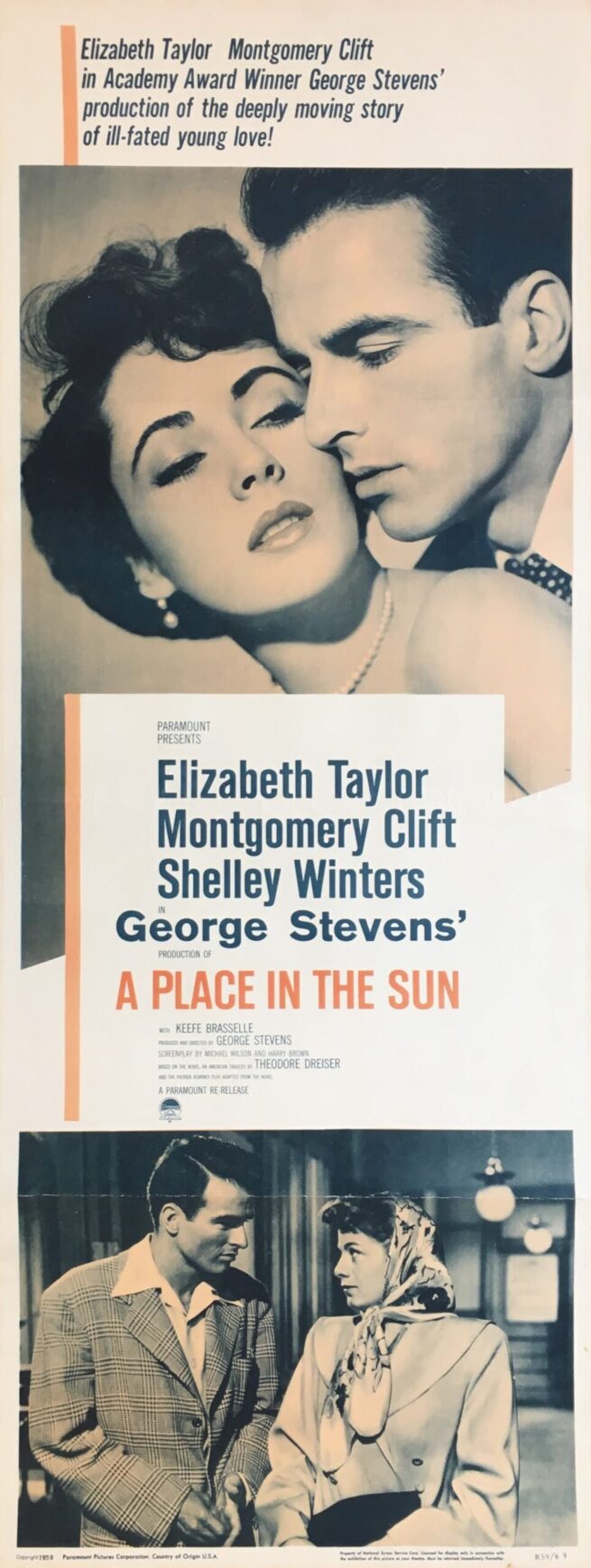 Vintage original US Insert movie poster for Elizabeth Taylor and Montgomery Clift in A Place in the Sun