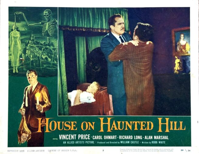 Vintage original US lobby card poster for Vincent Price film, House on Haunted Hill