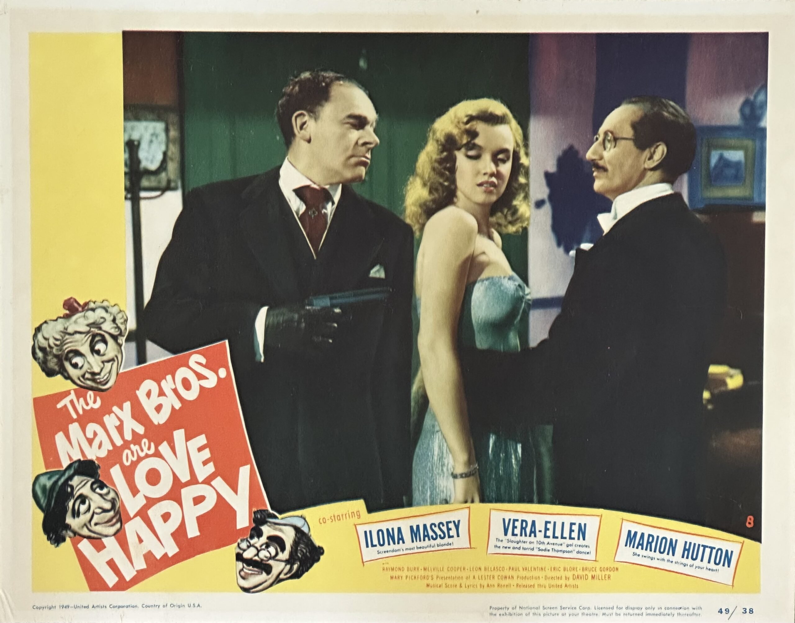 Original cinema lobby card movie poster for the Marx Bros comedy, Love Happy, with Marilyn Monroe