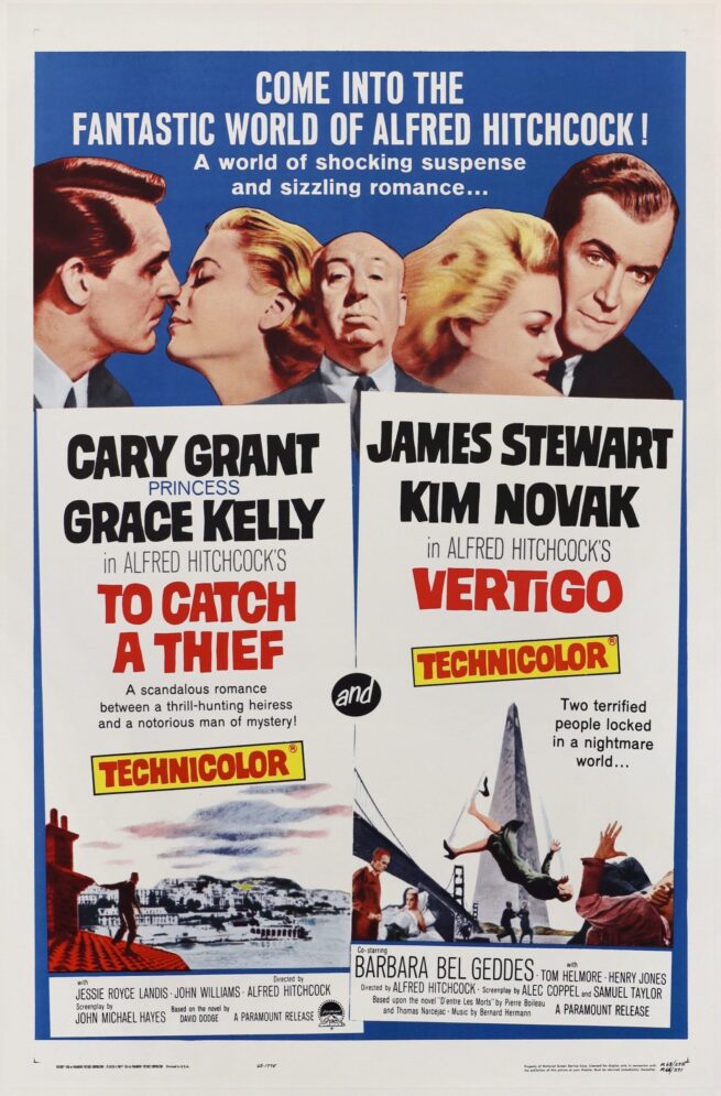 Original vintage cinema movie poster for Hitchcock double bill, Vertigo and To Catch a Thief
