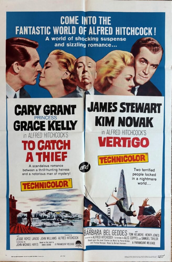 Vintage cinema movie poster for Hitchcock's to Catch a Thief and Vertigo