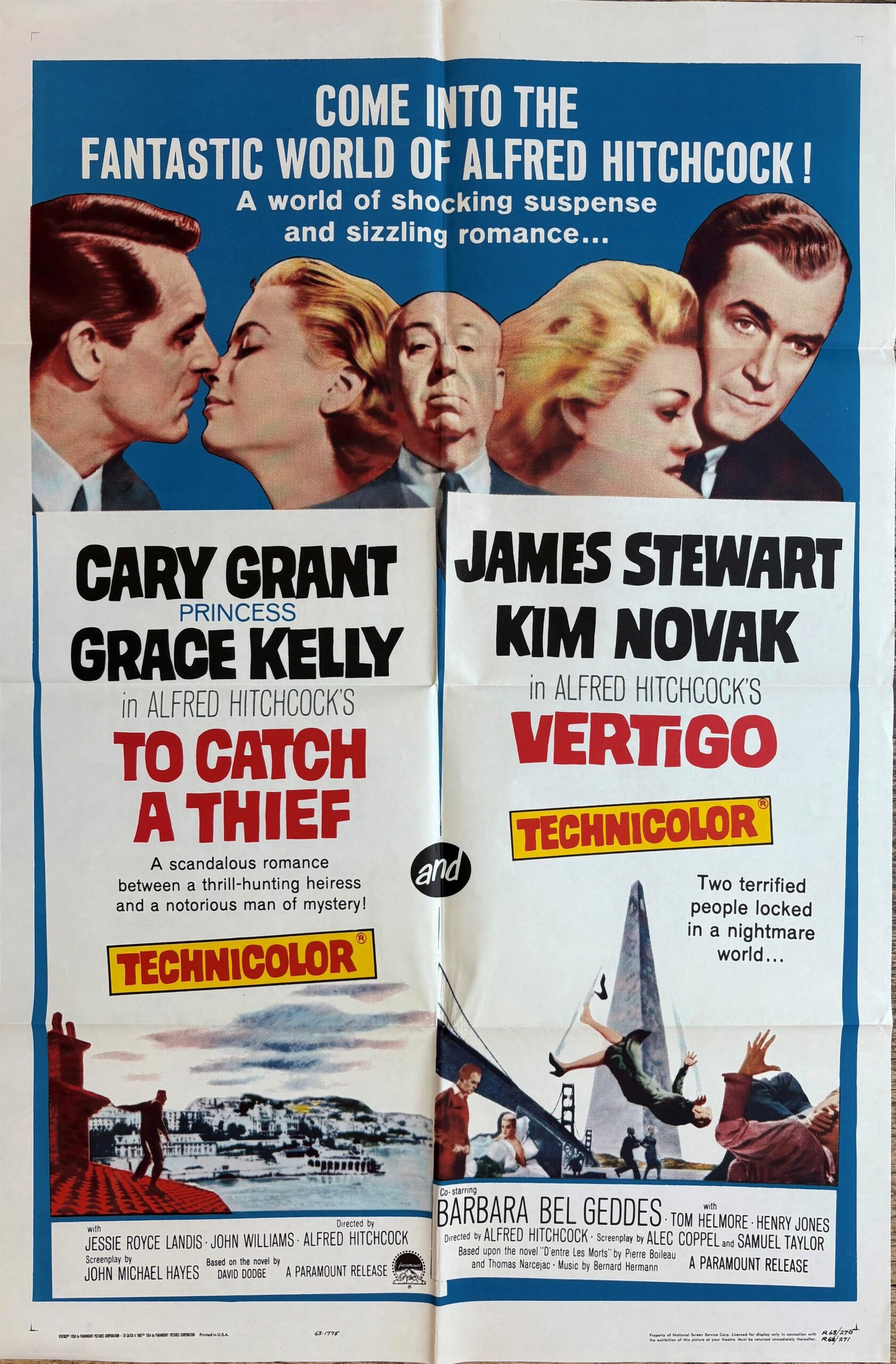 Vintage cinema movie poster for Hitchcock's to Catch a Thief and Vertigo