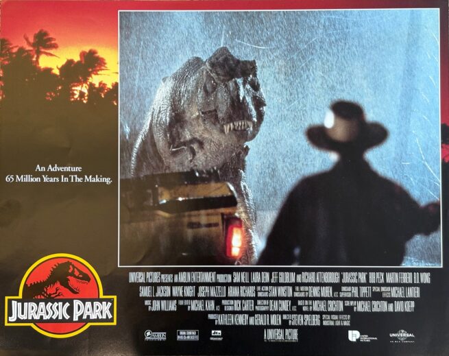 Vintage original US cinema lobby card poster for 1993 film, Jurassic Park.