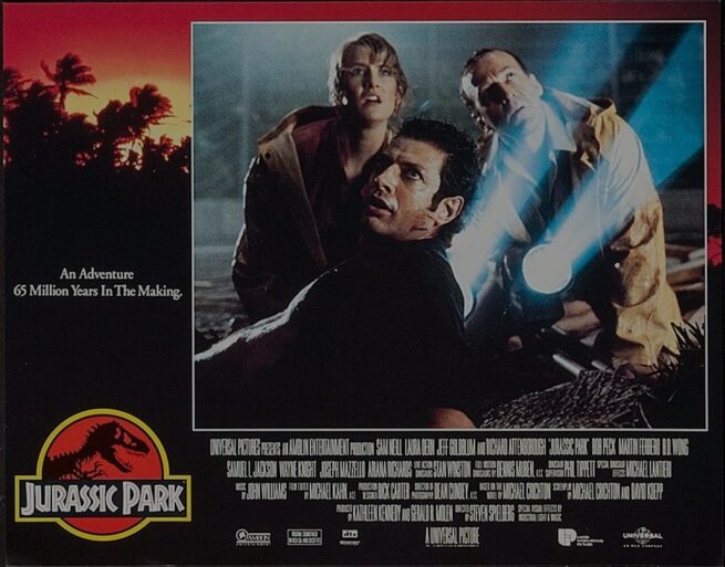 Original vintage US cinema lobby card poster for 1993 film, Jurassic Park
