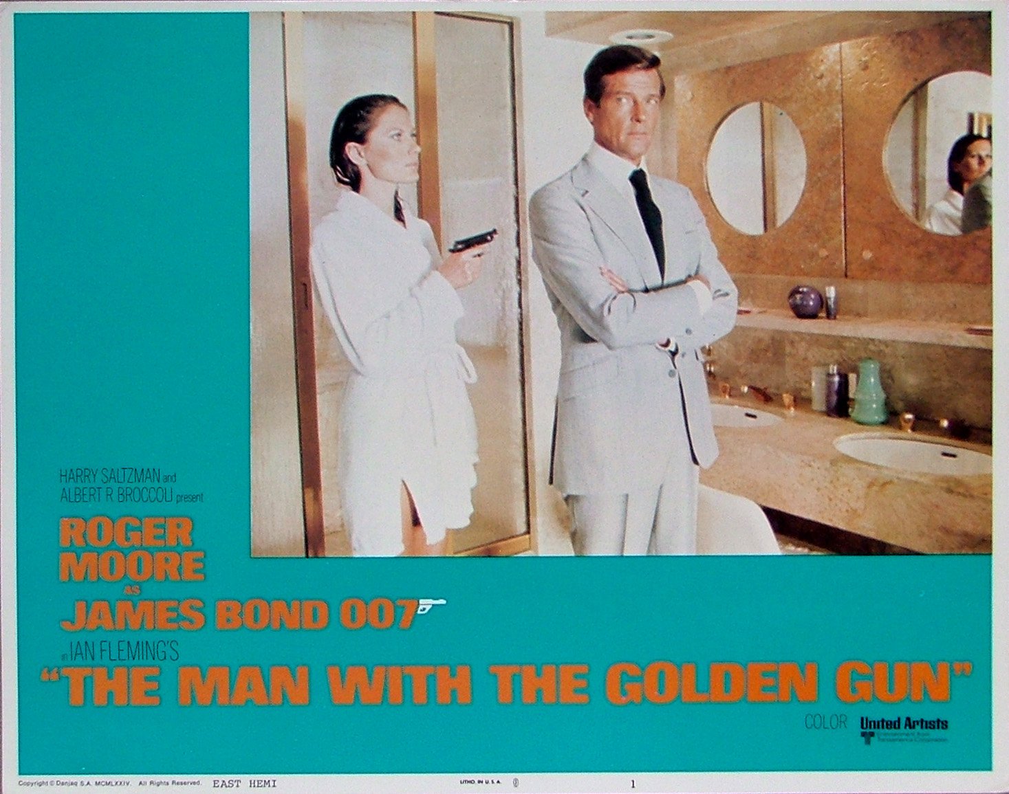 Vintage original US lobby card poster for Roger Moore as 007 in The Man With the Golden Gun.