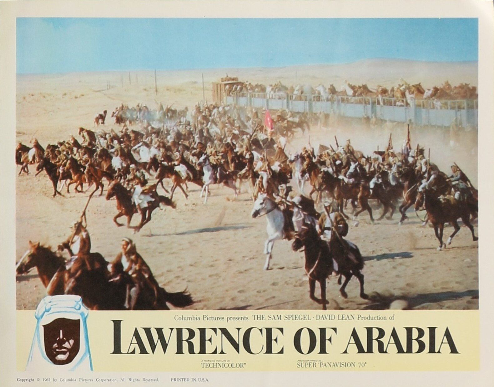 Vintage original US cinema lobby card poster for epic David Lean film Lawrence of Arabia starring Peter O'Toole and Omar Shariff