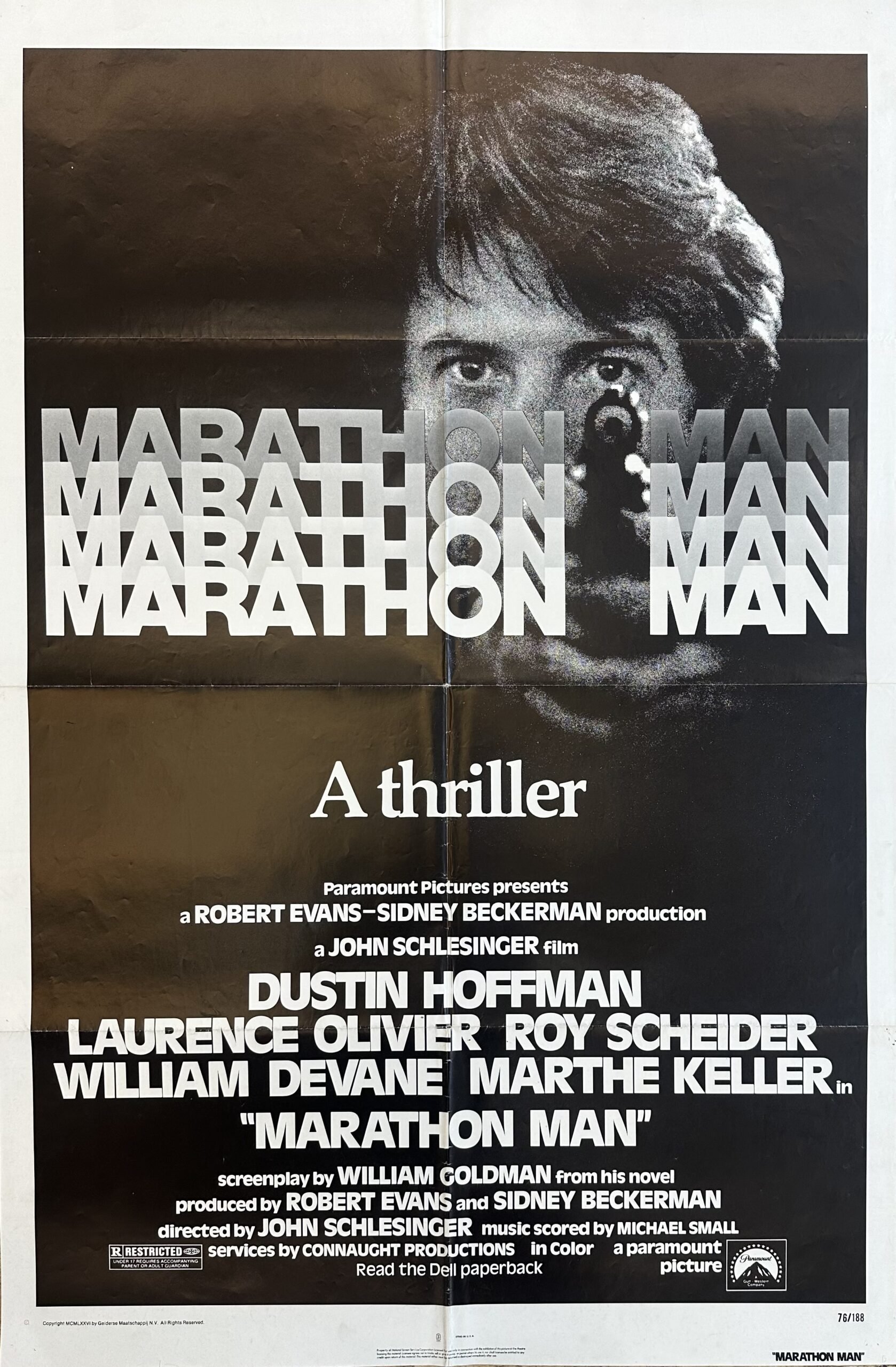 Original cinema movie poster for Dustin Hoffman and Laurence Olivier in Marathon Man