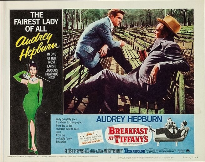 Original vintage lobby card movie poster for Breakfast at Tiffany's, starring Audrey Hepburn