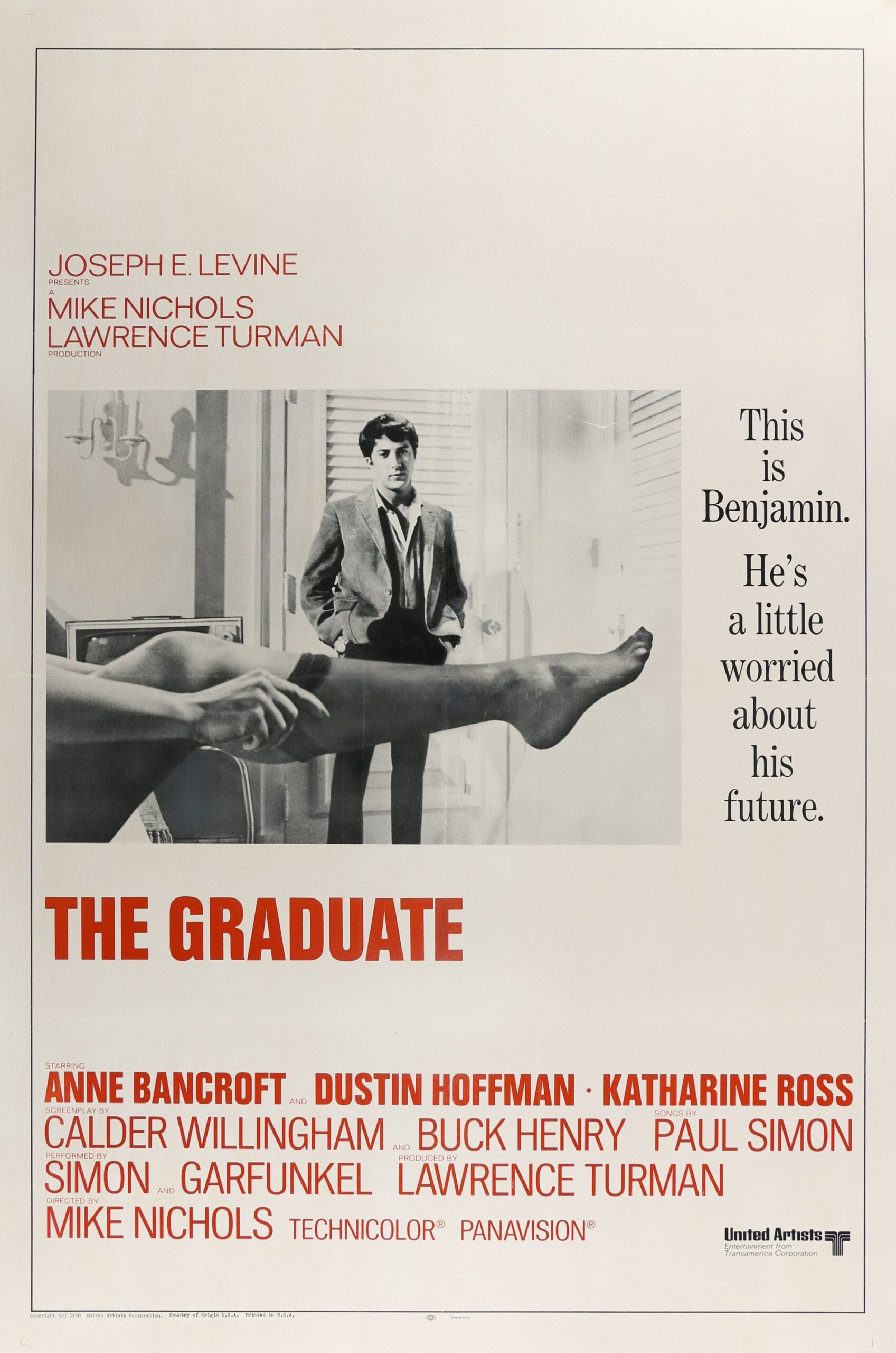 Original vintage US film poster for Dustin Hoffman movie The Graduate