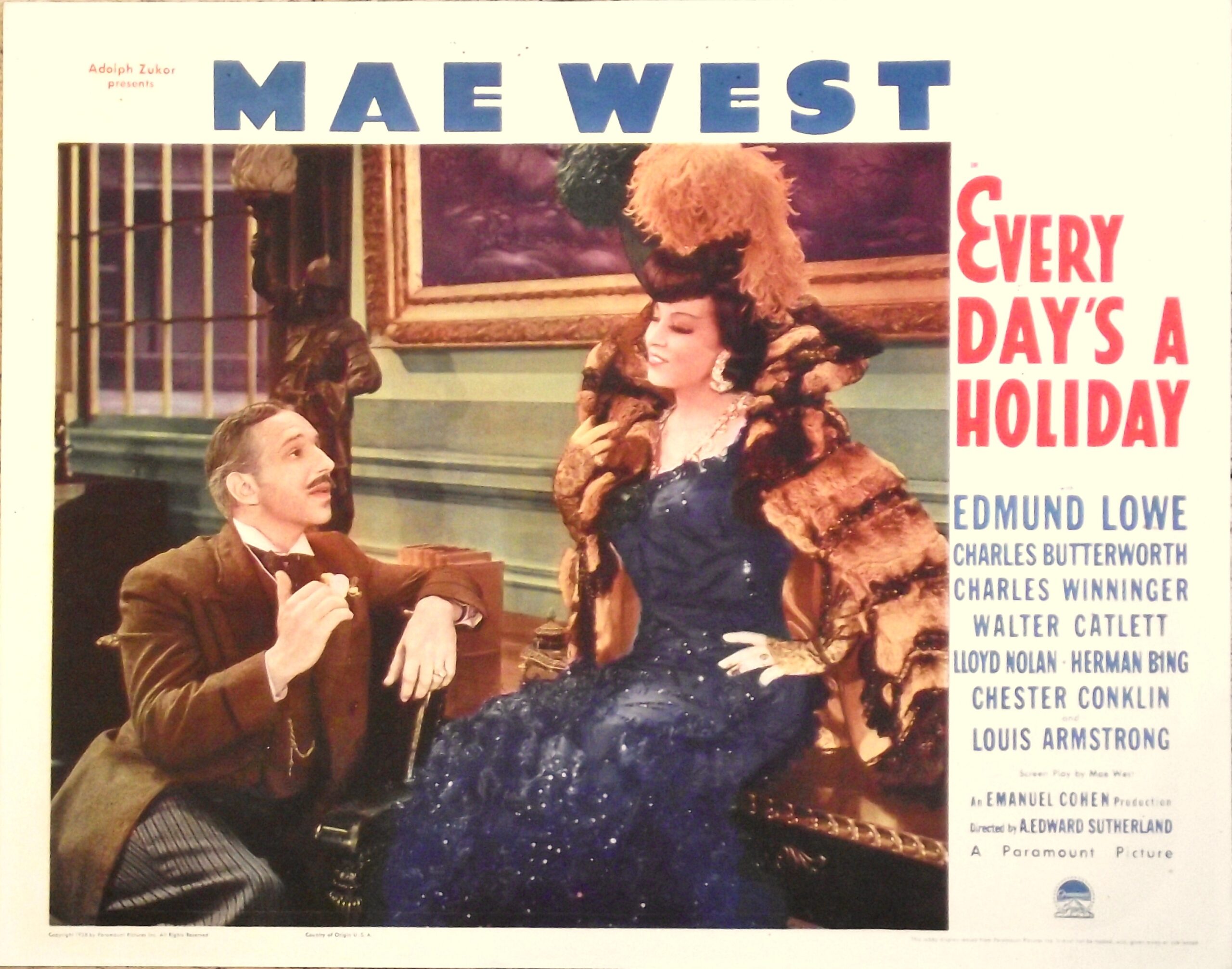Original vintage cinema lobby card for Mae West comedy, Every Day's a Holiday
