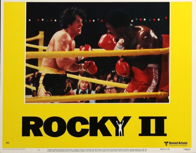 Original cinema lobby card movie poster for boxing drama, Rocky II starring Sylvester Stallone