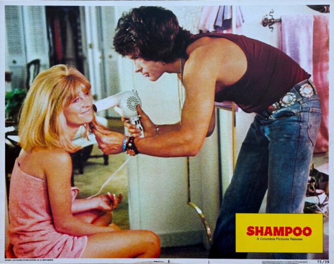 Original vintage cinema lobby card for Warren Beatty in shampoo