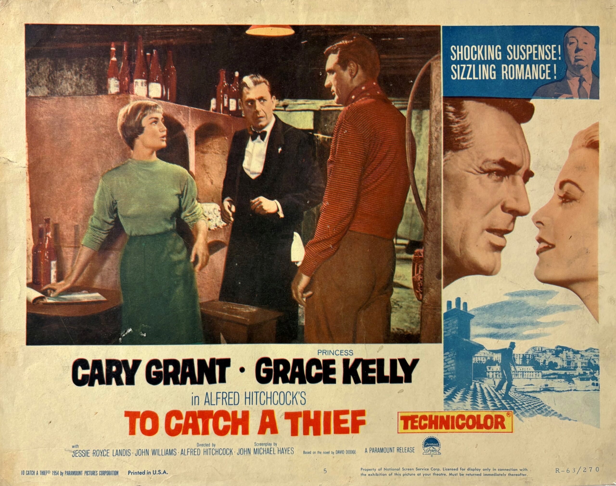 Original vintage cinema lobby card movie poster for Hitchcock's To Catch a Thief, starring Grace Kelly and Cary Grant