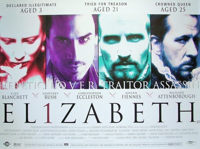 VIntage original UK Quad cinema poster for 1998 historical drama, Elizabeth, starring Cate Blanchett and Joseph Fiennes.