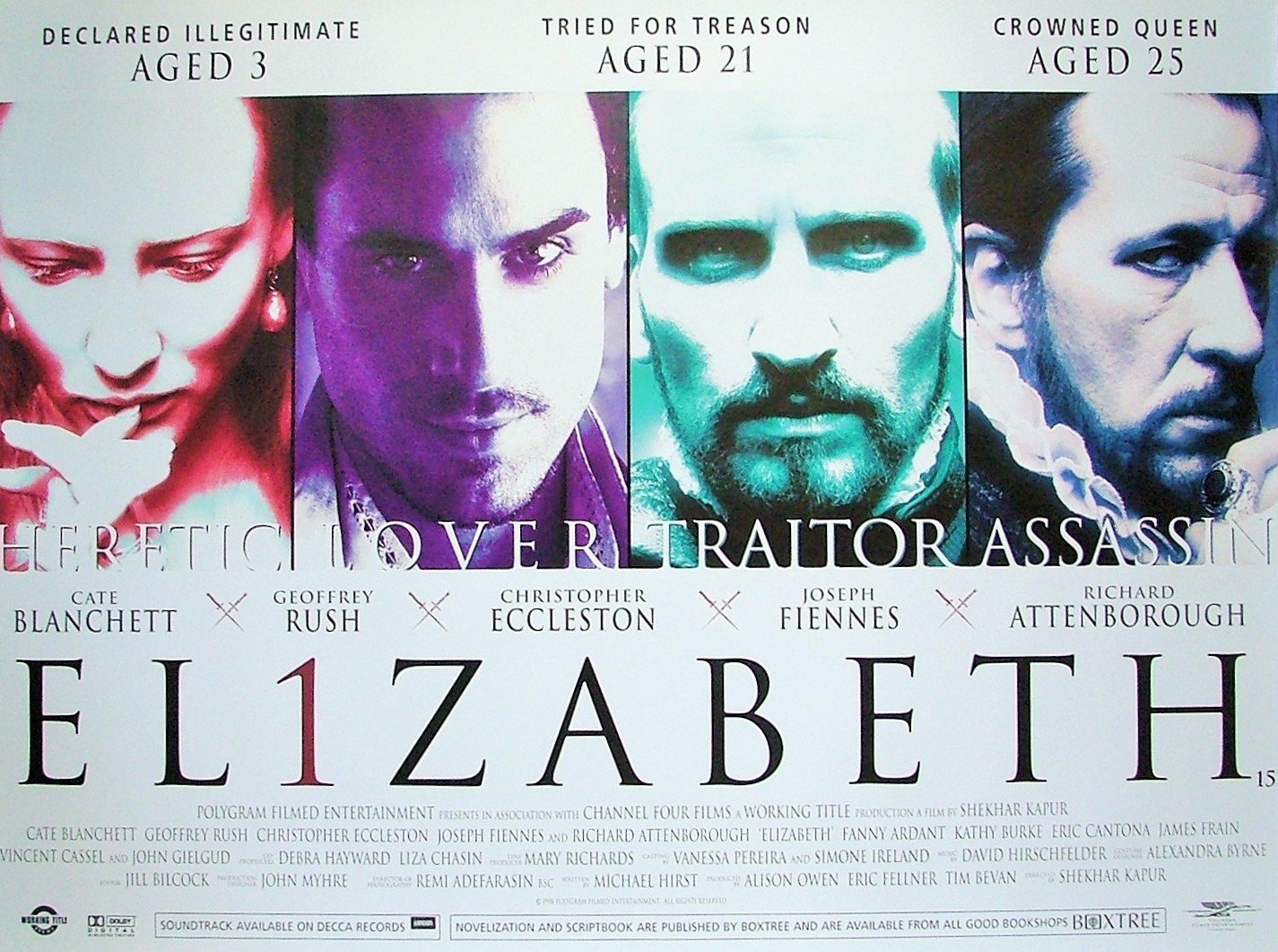 VIntage original UK Quad cinema poster for 1998 historical drama, Elizabeth, starring Cate Blanchett and Joseph Fiennes.