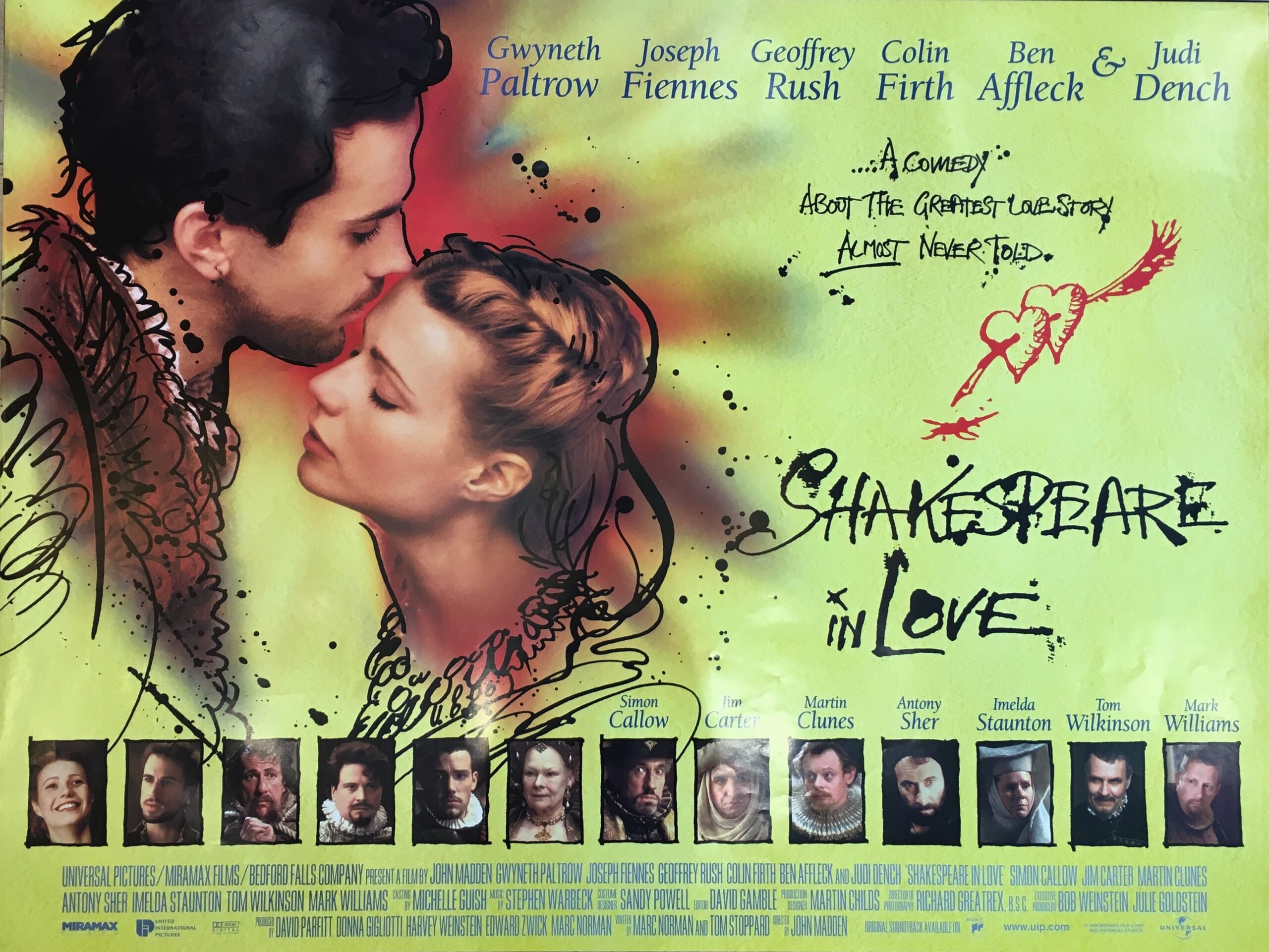 Vintage original UK Quad for Shakespeare in Love starring Gwyneth Paltrow, Joseph Fiennes and Judi Dench