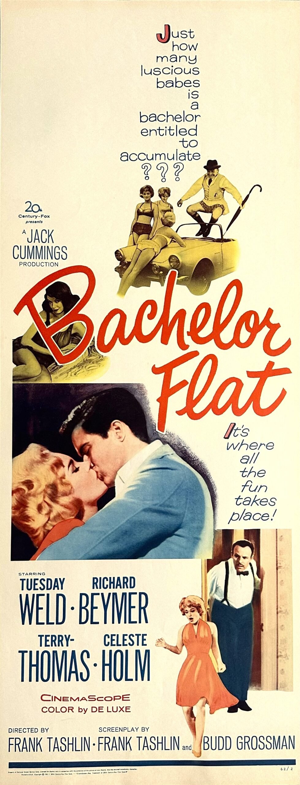 Vintage original US cinema Insert movie poster for 1961 Terry-Thomas film, Bachelor Flat.