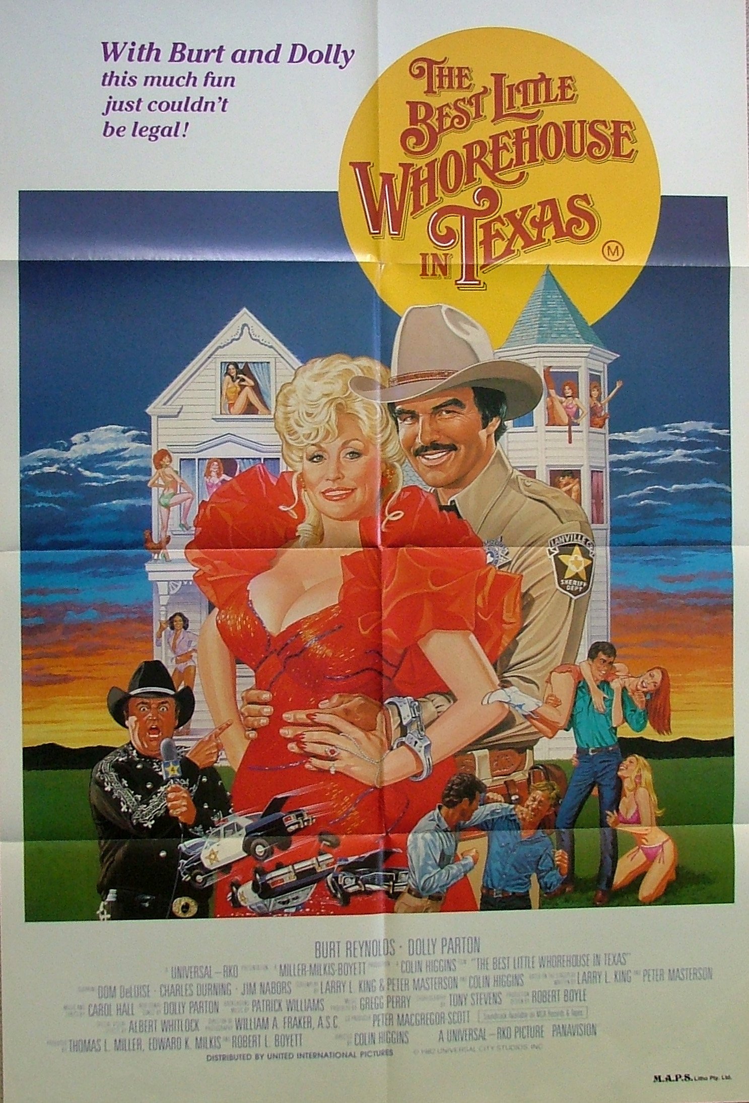 Original vintage movie poster for the Dolly Parton musical, The Best Little Whorehouse in Texas