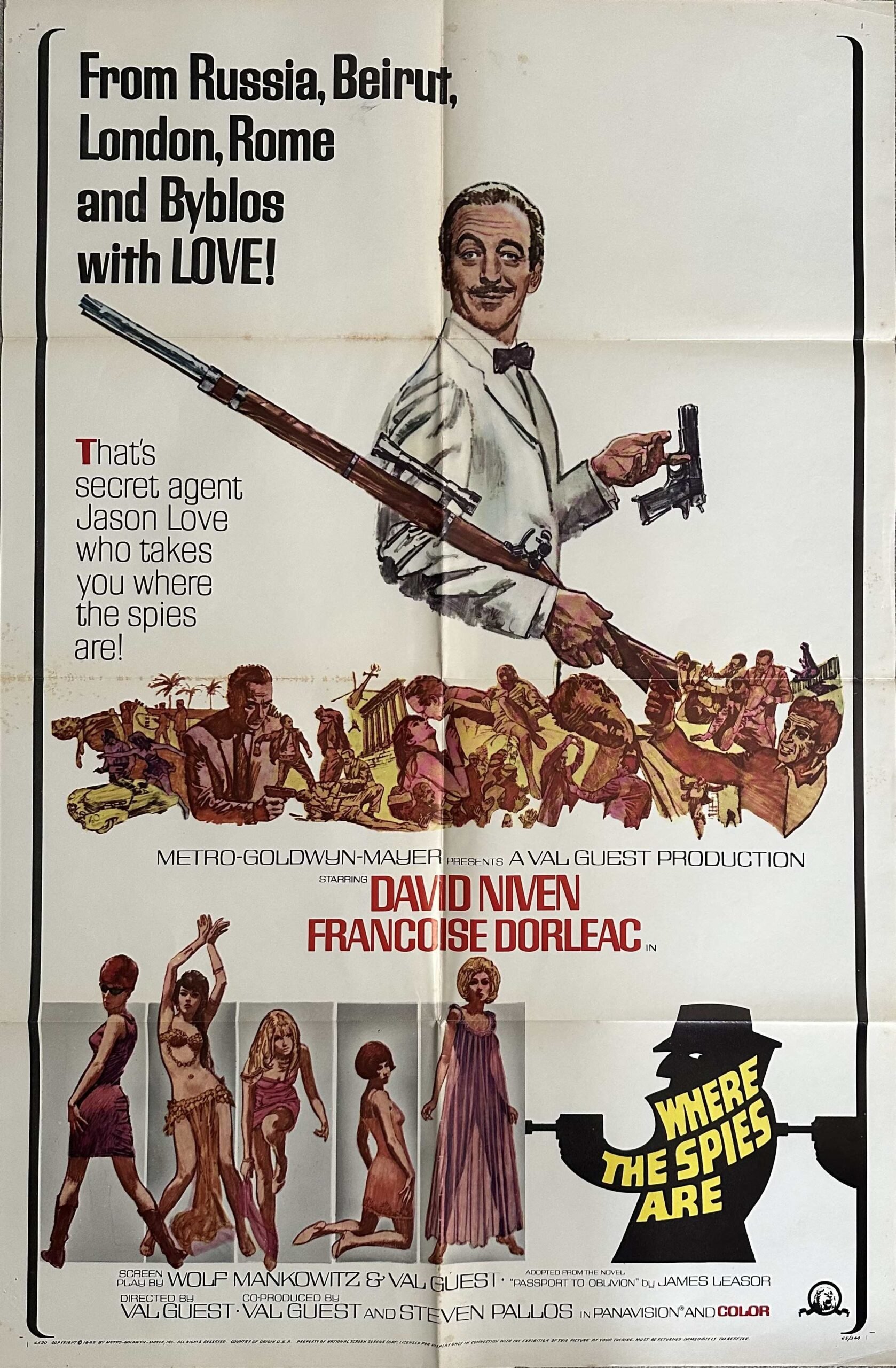 Original vintage cinema movie posster for Bond spoof Where the Spies Are, starring David Niven